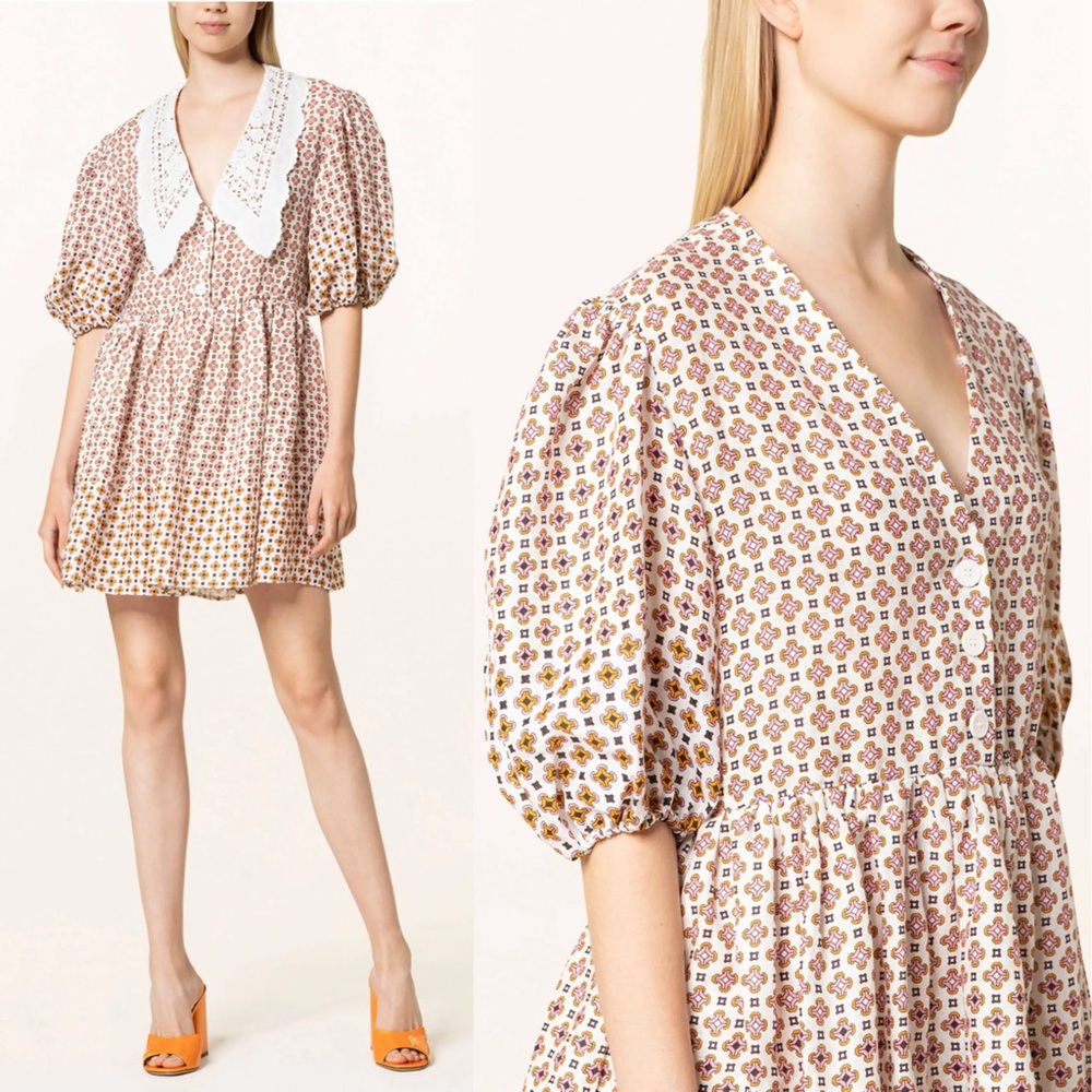 MAJE Lace Collar Tile Print Linen Puff Sleeve Cottagecore 70s Babydoll Dress‎ 6 - Picture 11 of 16